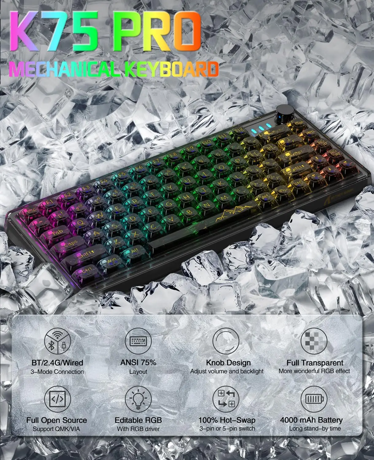 MAMBASNAKE x ATTACK SHARK K75 75% TKL Mechanical Gaming Keyboard, BT5.0/2.4G/USB-C RGB Compact Keyboard, Customizable Transparen - Image 2