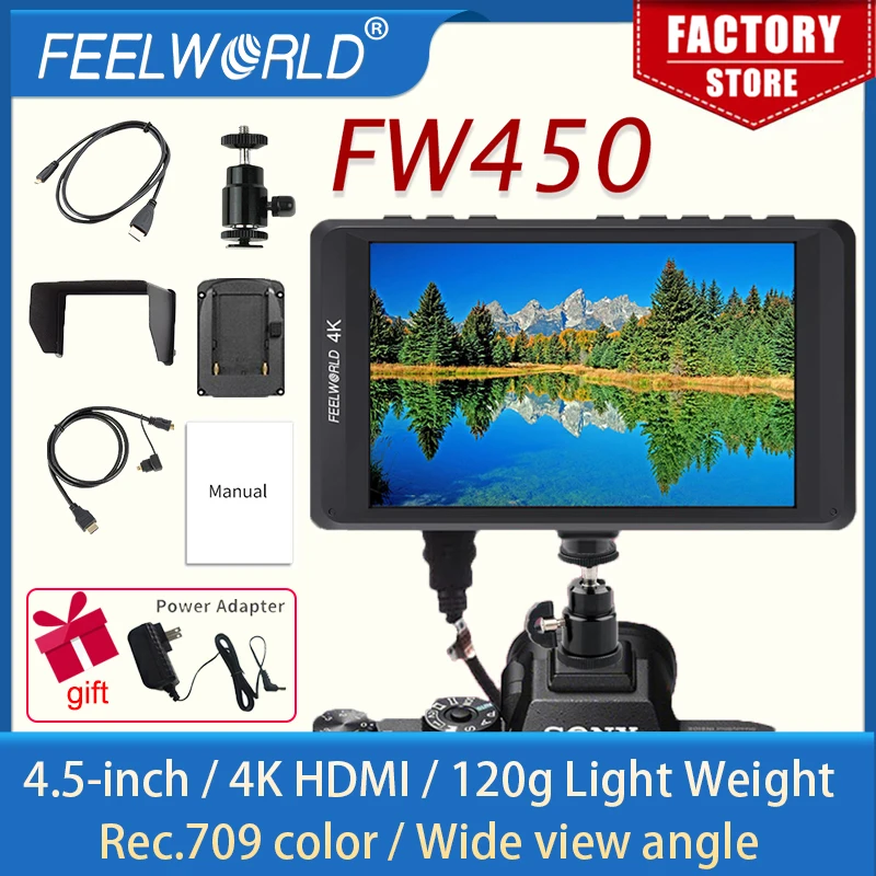 FEELWORLD FW450 4.5" 4K On-camera Monitor with HDMI Input/ Output IPS HD 1280x800 Light Weight